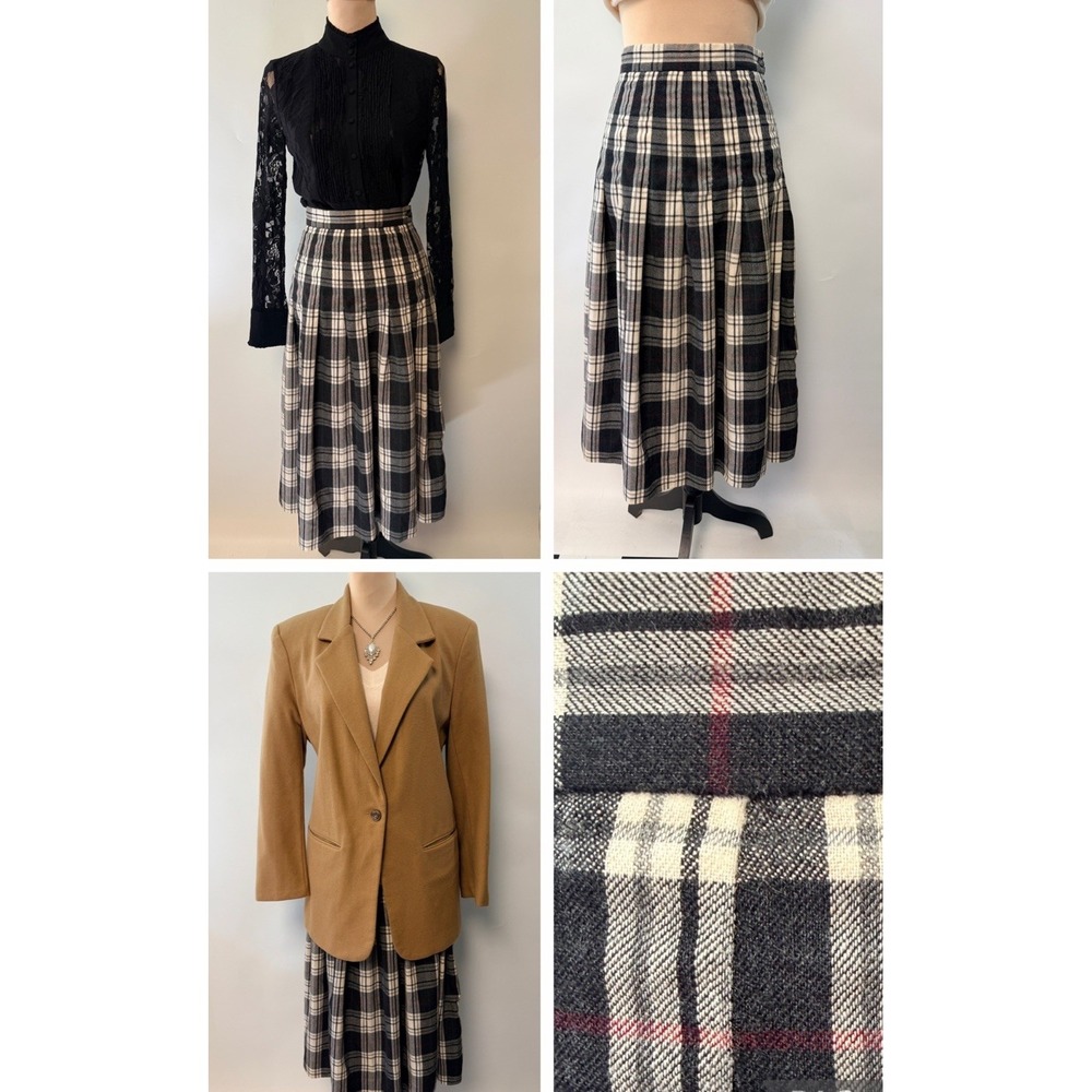 Vintage L.L. Bean Skirt 100% Wool Pleated Midi Black Tartan Women Sz 6 P USA